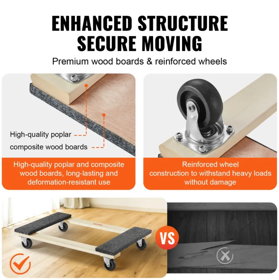 VEVOR Furniture Dolly, 1000 lbs Load Capacity, 18" x 30", 4 x 3" PP Swivel Casters, Heavy Duty Hardwood Furniture Moving Dolly, Mover's Dolly, Moving Cart with Wheels for Heavy Furniture Home Cleaning