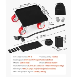 VEVOR Furniture Dolly, Maximum Load 3474 lbs, Heavy Duty Furniture Movers with 5 360° Rotation Wheels, Carbon Steel Panel, Furniture Lift Slider Tool Set for Appliances, Sofa, Fridge, Washing Machine