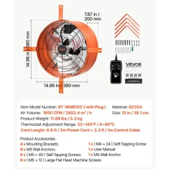 VEVOR Gable Mount Fan, 15 in Attic Vent Exhaust Fan 1650 CFM Thermostat, Cooling and Ventilation for Home, Garage, Warehouse, Workshop, Carbon Steel Housing with Mounting Brackets & Hardware, Orange