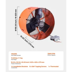 VEVOR Gable Mount Fan, 16 Inch Attic Exhaust Fan with Adjustable Thermostat & Outer Mesh, 2940 CFM House Ventilator Cools Up to 4200 Sq.Ft, Quiet Ventilation for Roof, Garage & Shop, Vibrant Orange