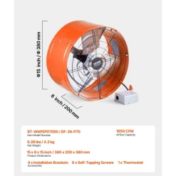 VEVOR Gable Mount Fan, 15 Inch Attic Exhaust Fan with Adjustable Thermostat & Outer Mesh, 1650 CFM House Ventilator Cools Up to 2360 Sq.Ft, Quiet Ventilation for Roof, Garage & Shop, Vibrant Orange