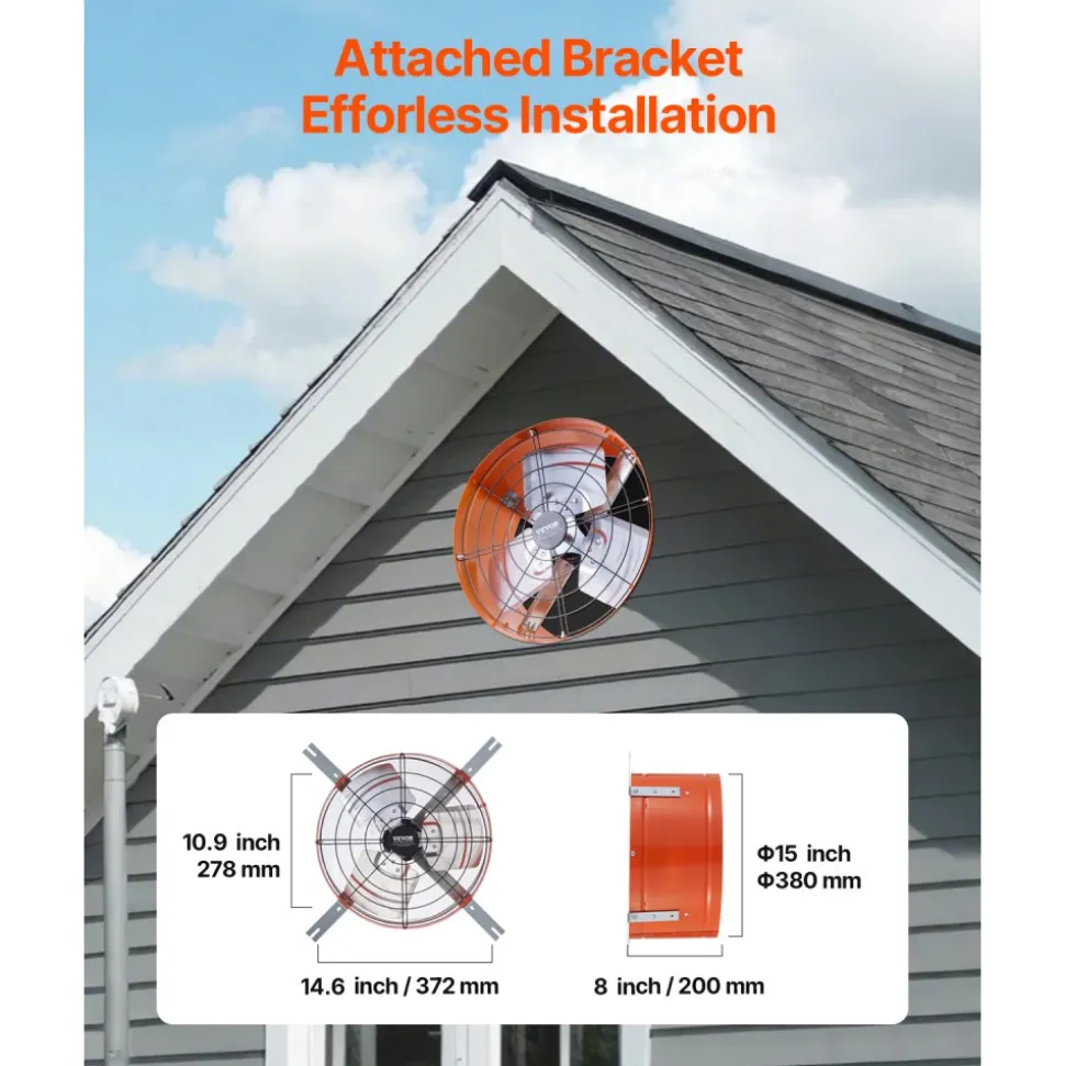 VEVOR Gable Mount Fan, 15 Inch Attic Exhaust Fan with Adjustable Thermostat & Outer Mesh, 1650 CFM House Ventilator Cools Up to 2360 Sq.Ft, Quiet Ventilation for Roof, Garage & Shop, Vibrant Orange