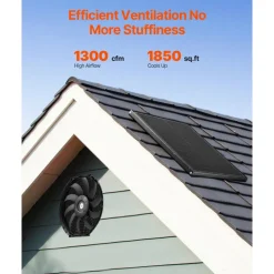 VEVOR Gable Mount Fan, 12 Inch Solar Power Attic Exhaust Fan with Adjustable Thermostat & Outer Mesh, 1300 CFM House Ventilator Cools Up to 1850 Sq.Ft, Quiet Ventilation for Roof, Garage, Shop, Black
