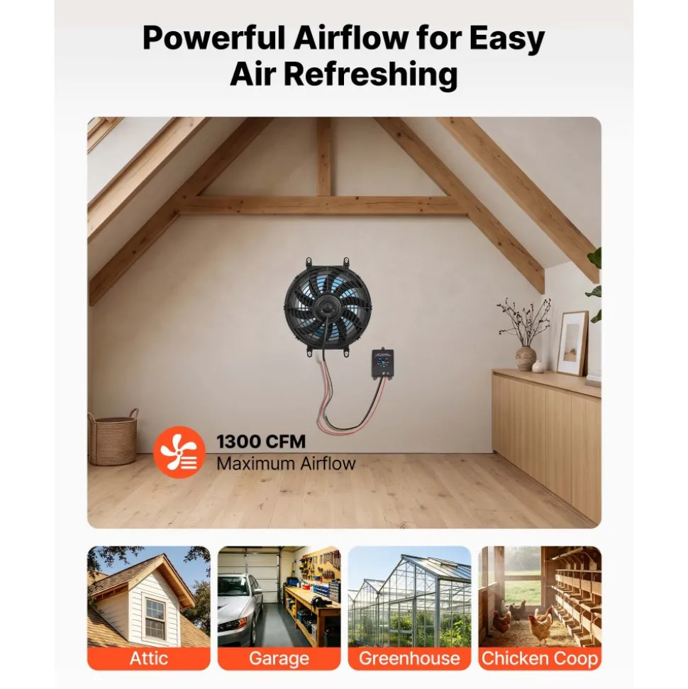 VEVOR Gable Mount Fan, 12 inch Solar-Powered Attic Vent Exhaust Fan Black, 1300 CFM Cooling & Ventilation for Roof, Greenhouse, Garage, Shop, with Thermostat & Mounting Brackets, Lightweight PP