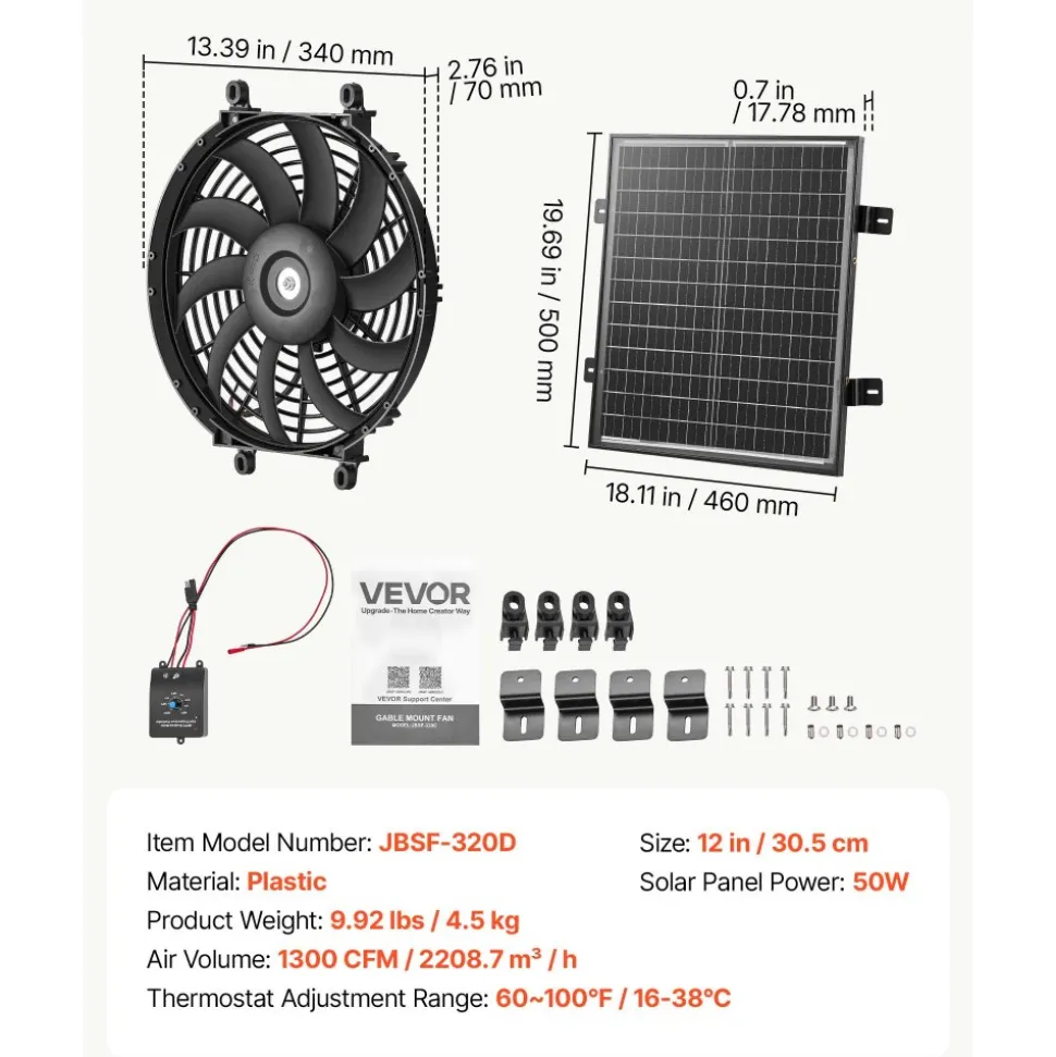 VEVOR Gable Mount Fan, 12 inch Solar-Powered Attic Vent Exhaust Fan Black, 1300 CFM Cooling & Ventilation for Roof, Greenhouse, Garage, Shop, with Thermostat & Mounting Brackets, Lightweight PP