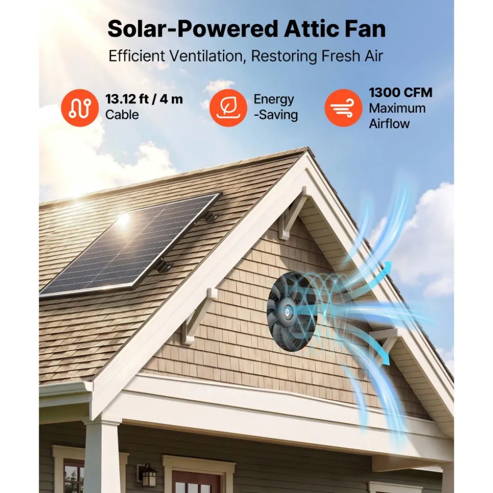 VEVOR Gable Mount Fan, 12 inch Solar-Powered Attic Vent Exhaust Fan Black, 1300 CFM Cooling & Ventilation for Roof, Greenhouse, Garage, Shop, with Thermostat & Mounting Brackets, Lightweight PP