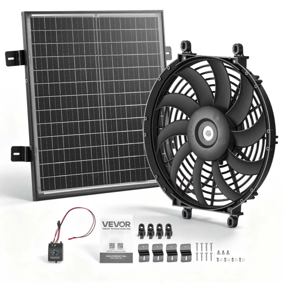 VEVOR Gable Mount Fan, 12 inch Solar-Powered Attic Vent Exhaust Fan Black, 1300 CFM Cooling & Ventilation for Roof, Greenhouse, Garage, Shop, with Thermostat & Mounting Brackets, Lightweight PP