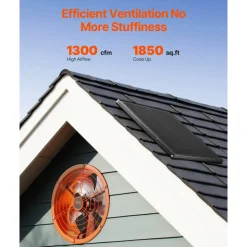 VEVOR Gable Mount Fan, 14 Inch Solar Power Attic Exhaust Fan with Adjustable Thermostat & Outer Mesh, 1300 CFM House Ventilator Cool Upto 1850 Sq.Ft, Quiet Ventilation for Roof, Garage, Shop, Black