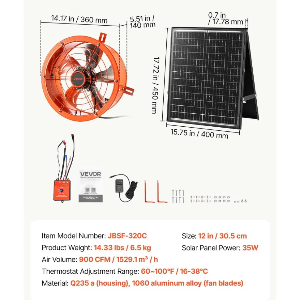 VEVOR Gable Mount Fan, 12 inch Solar Attic Vent Exhaust Fan Carbon Steel, 900 CFM Cooling and Ventilation for Roof, Greenhouse, Garage, Shop, Small Spaces, with Thermostat and Power Adapter, Orange