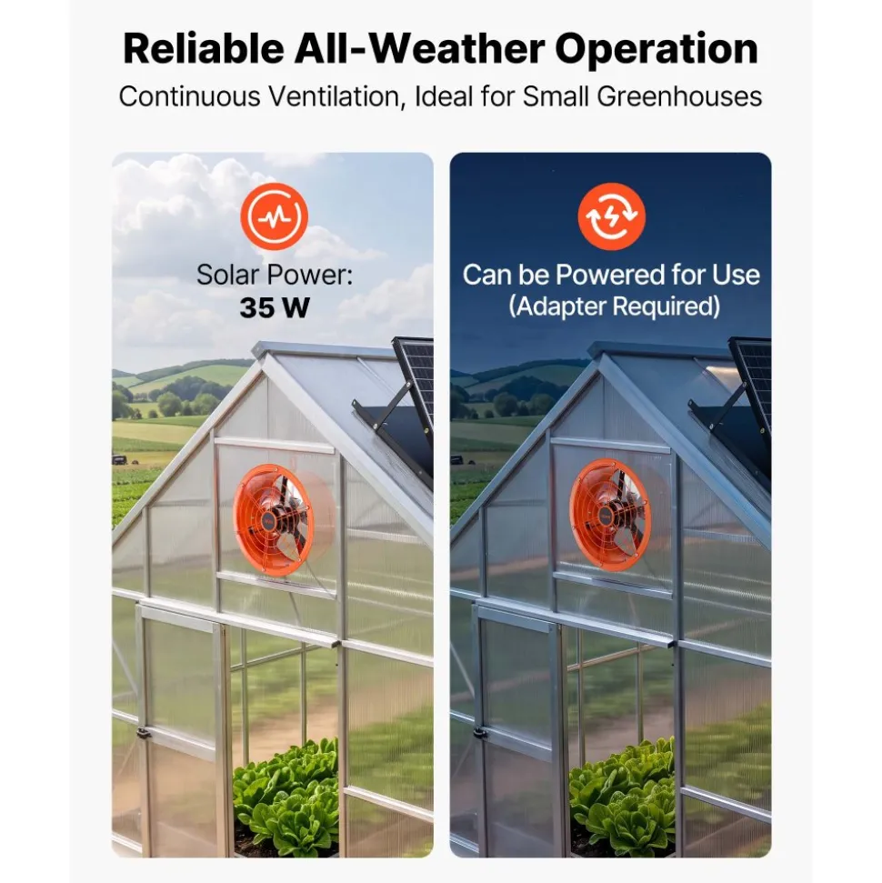 VEVOR Gable Mount Fan, 12 inch Solar Attic Vent Exhaust Fan Carbon Steel, 900 CFM Cooling and Ventilation for Roof, Greenhouse, Garage, Shop, Small Spaces, with Thermostat and Power Adapter, Orange