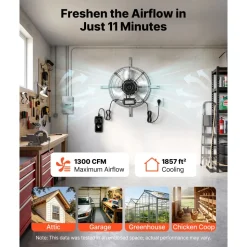 VEVOR Gable Mount Fan, 15 in Gable Attic Vent Exhaust Fan with Thermostat, 1300 CFM Cooling and Ventilation for Home, Garage, Warehouses, Workshops, Carbon Steel Housing with Mounting Bracket, Silver