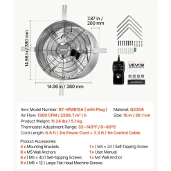 VEVOR Gable Mount Fan, 15 in Gable Attic Vent Exhaust Fan with Thermostat, 1300 CFM Cooling and Ventilation for Home, Garage, Warehouses, Workshops, Carbon Steel Housing with Mounting Bracket, Silver
