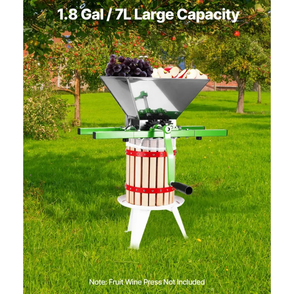 VEVOR 1.8 Gal/7L Fruit and Apple Crusher, Large Manual Grinder, Stainless Steel Fruit Scratter Pulper for Wine Cider Apple Grape Pressing, with Roller Handle for Kitchen Home, Green