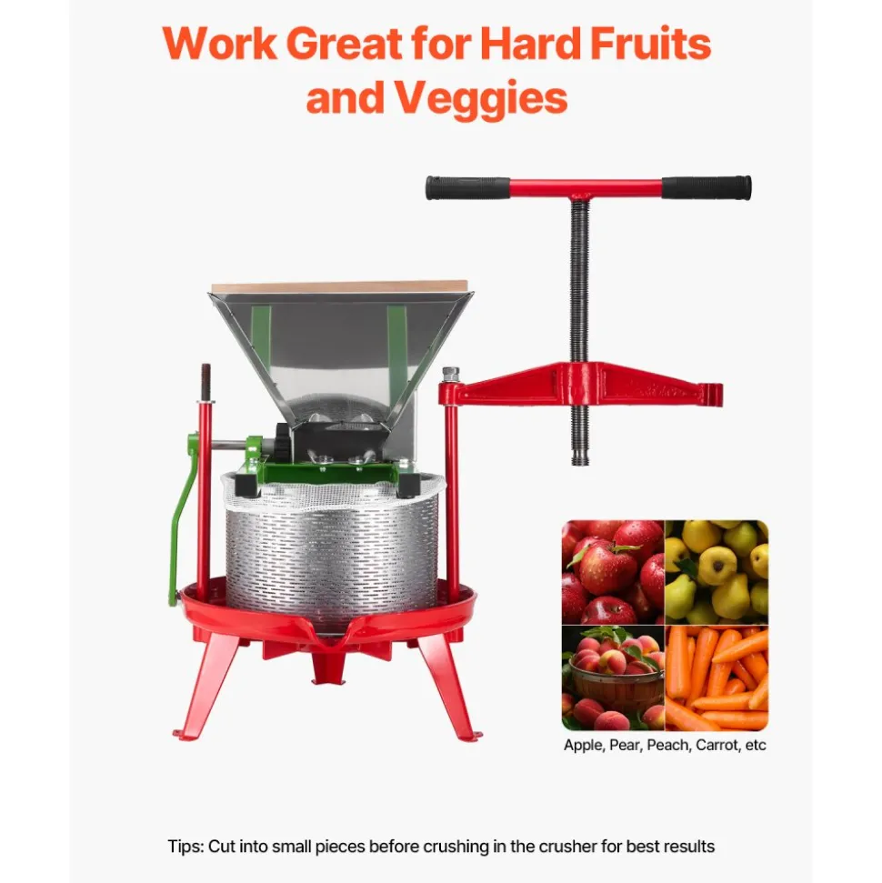 VEVOR 1.8 Gal/7L Fruit and Apple Crusher, Large Manual Grinder, Stainless Steel Fruit Scratter Pulper for Wine Cider Apple Grape Pressing, with Roller Handle for Kitchen Home, Green