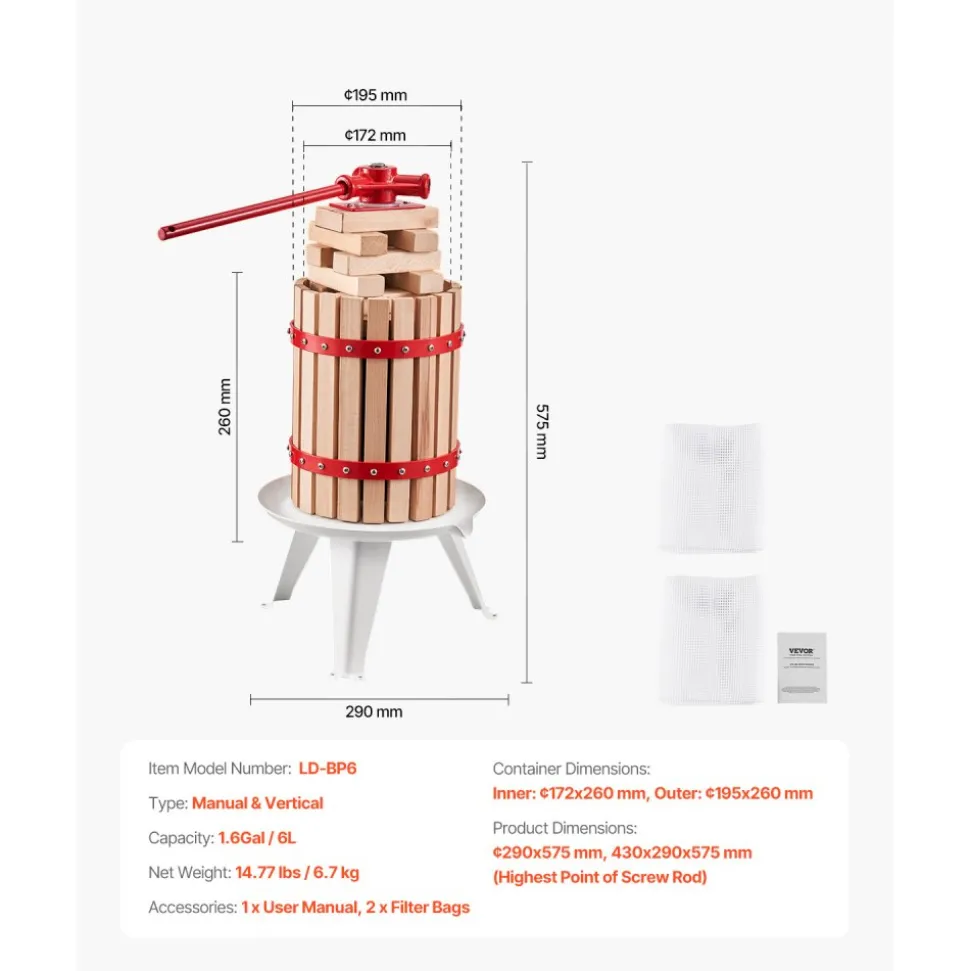 VEVOR 1.6 Gal/6L Fruit Wine Press, Solid Wood Basket with 8 Blocks, Heavy Duty Manual Juice Maker, Cider Apple Grape Tincture Honey Olive Oil Making Press with Handle for Kitchen, Home