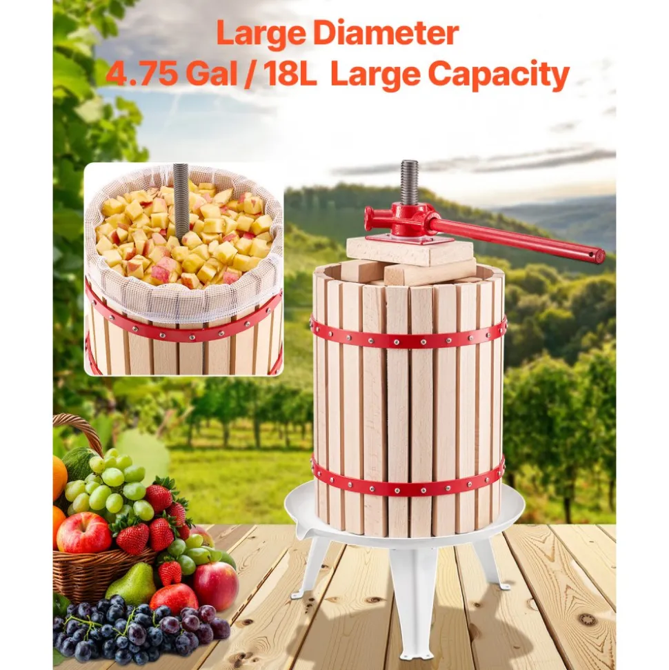 VEVOR 4.75 Gal/18L Fruit Wine Press, Solid Wood Basket with 8 Blocks, Heavy Duty Manual Juice Maker, Cider Apple Grape Tincture Honey Olive Oil Making Press with Handle for Kitchen, Home