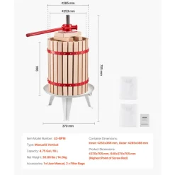 VEVOR 4.75 Gal/18L Fruit Wine Press, Solid Wood Basket with 8 Blocks, Heavy Duty Manual Juice Maker, Cider Apple Grape Tincture Honey Olive Oil Making Press with Handle for Kitchen, Home