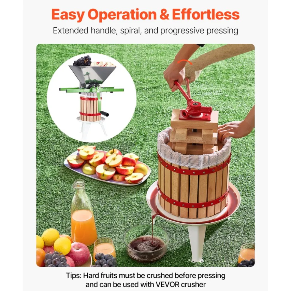 VEVOR 3.2 Gal/12L Fruit Wine Press, Solid Wood Basket with 8 Blocks, Heavy Duty Manual Juice Maker, Cider Apple Grape Tincture Honey Olive Oil Making Press with Handle for Kitchen, Home
