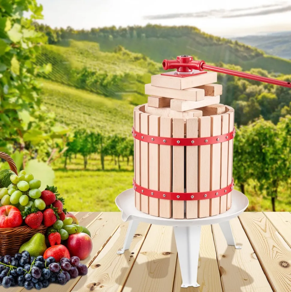 VEVOR 3.2 Gal/12L Fruit Wine Press, Solid Wood Basket with 8 Blocks, Heavy Duty Manual Juice Maker, Cider Apple Grape Tincture Honey Olive Oil Making Press with Handle for Kitchen, Home