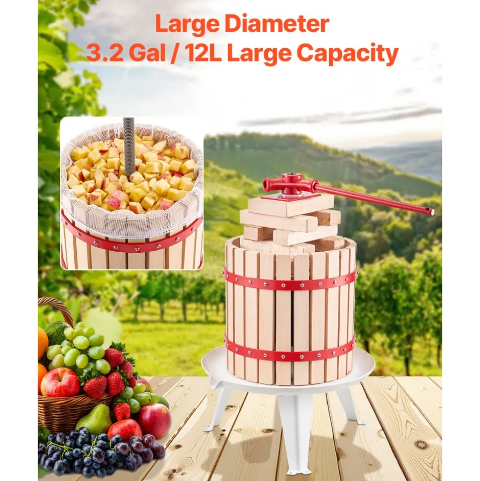 VEVOR 3.2 Gal/12L Fruit Wine Press, Solid Wood Basket with 8 Blocks, Heavy Duty Manual Juice Maker, Cider Apple Grape Tincture Honey Olive Oil Making Press with Handle for Kitchen, Home