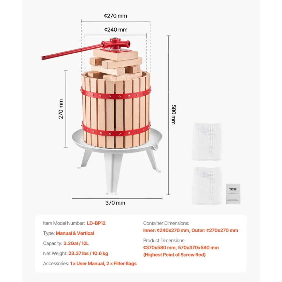 VEVOR 3.2 Gal/12L Fruit Wine Press, Solid Wood Basket with 8 Blocks, Heavy Duty Manual Juice Maker, Cider Apple Grape Tincture Honey Olive Oil Making Press with Handle for Kitchen, Home