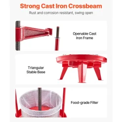 VEVOR 2.38 Gal/9L Fruit Wine Press, Stainless Steel Basket with Cross-beam and Triangular Structure, Manual Juice Maker, Cider Apple Grape Tincture Making Press with T-Handle for Kitchen Home