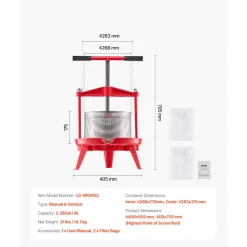 VEVOR 2.38 Gal/9L Fruit Wine Press, Stainless Steel Basket with Cross-beam and Triangular Structure, Manual Juice Maker, Cider Apple Grape Tincture Making Press with T-Handle for Kitchen Home