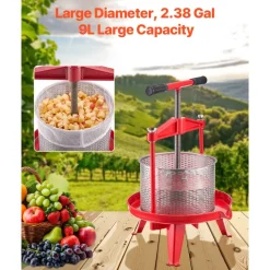 VEVOR 2.38 Gal/9L Fruit Wine Press, Stainless Steel Basket with Cross-beam and Triangular Structure, Manual Juice Maker, Cider Apple Grape Tincture Making Press with T-Handle for Kitchen Home
