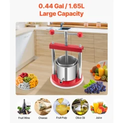 VEVOR 0.44 Gal/1.65L Fruit Wine Press, 2 Stainless Steel Barrels, Manual Juice Maker, Cider Apple Grape Tincture Honey Olive Oil Making Press with T-Handle for Outdoor Kitchen Home