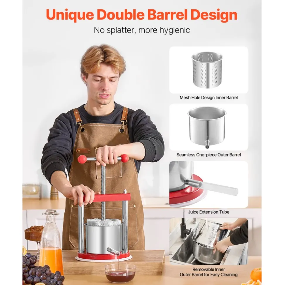 VEVOR 0.44 Gal/1.65L Fruit Wine Press, 2 Stainless Steel Barrels, Manual Juice Maker, Cider Apple Grape Tincture Honey Olive Oil Making Press with T-Handle for Outdoor Kitchen Home