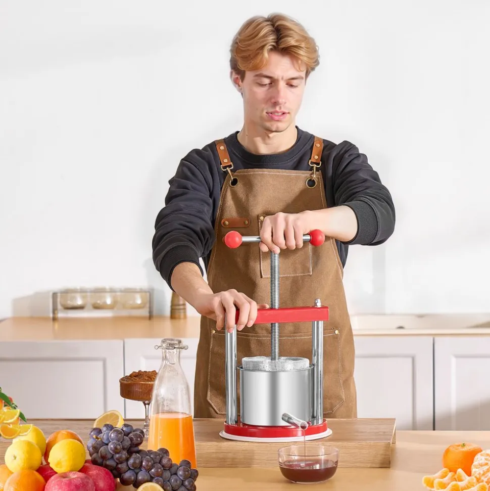VEVOR 0.44 Gal/1.65L Fruit Wine Press, 2 Stainless Steel Barrels, Manual Juice Maker, Cider Apple Grape Tincture Honey Olive Oil Making Press with T-Handle for Outdoor Kitchen Home