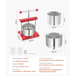 VEVOR 0.8 Gal/3L Fruit Wine Press, 2 Stainless Steel Barrels, Manual Juice Maker, Cider Apple Grape Tincture Honey Olive Oil Making Press with T-Handle for Outdoor Kitchen Home