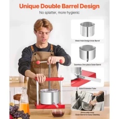 VEVOR 0.8 Gal/3L Fruit Wine Press, 2 Stainless Steel Barrels, Manual Juice Maker, Cider Apple Grape Tincture Honey Olive Oil Making Press with T-Handle for Outdoor Kitchen Home