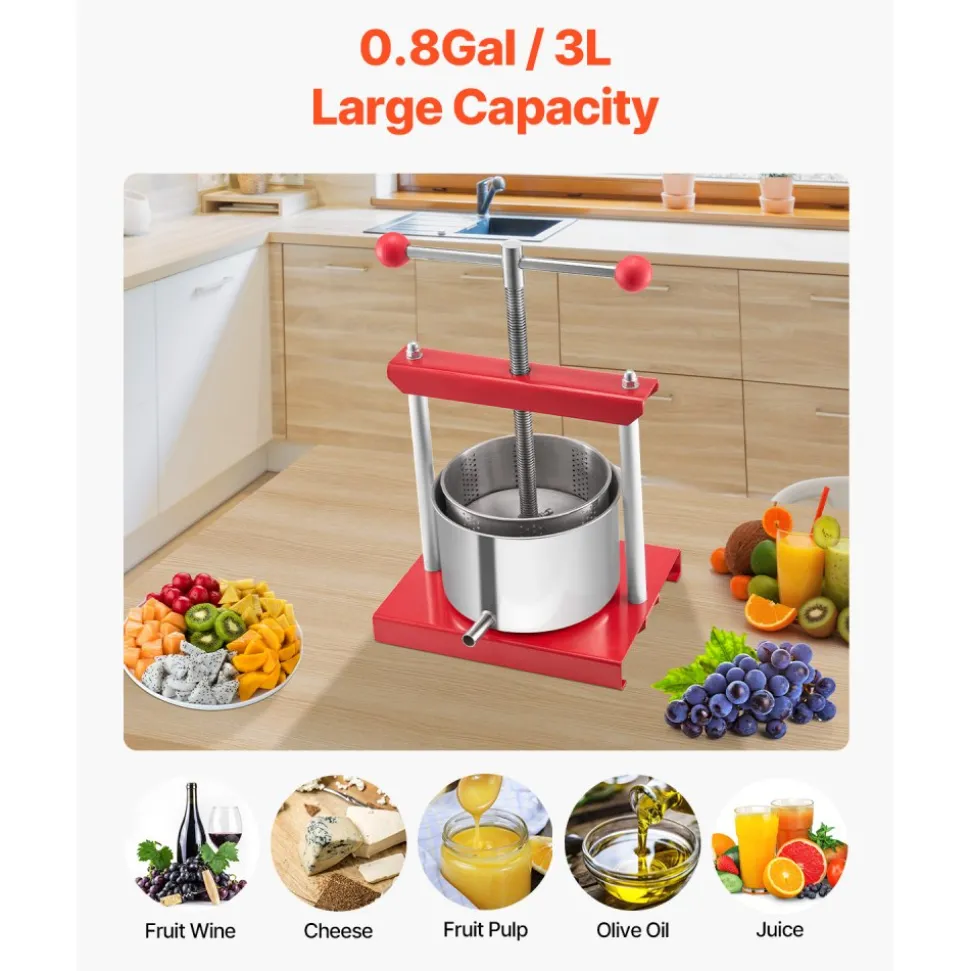 VEVOR 0.8 Gal/3L Fruit Wine Press, 2 Stainless Steel Barrels, Manual Juice Maker, Cider Apple Grape Tincture Honey Olive Oil Making Press with T-Handle for Outdoor Kitchen Home