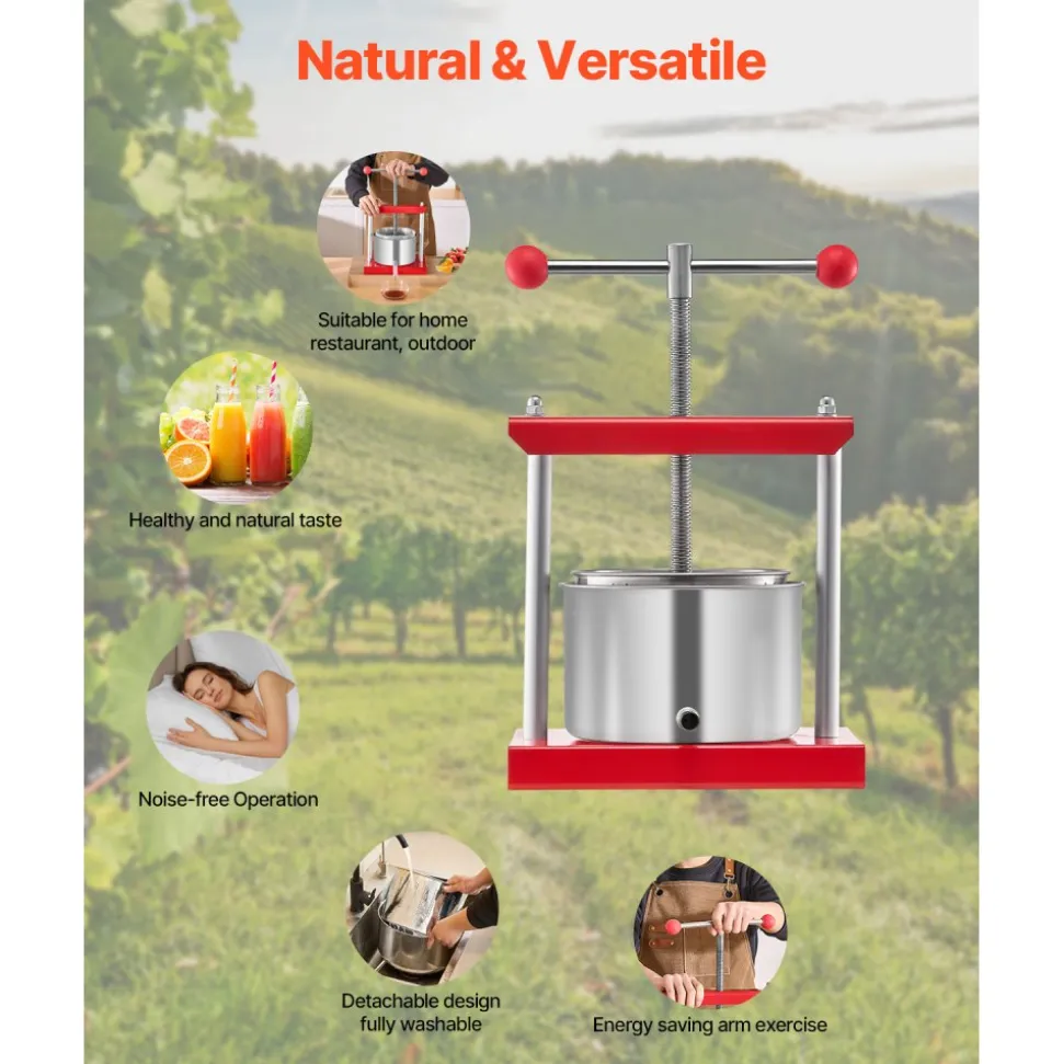 VEVOR 0.8 Gal/3L Fruit Wine Press, 2 Stainless Steel Barrels, Manual Juice Maker, Cider Apple Grape Tincture Honey Olive Oil Making Press with T-Handle for Outdoor Kitchen Home