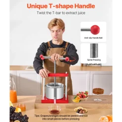 VEVOR 0.8 Gal/3L Fruit Wine Press, 2 Stainless Steel Barrels, Manual Juice Maker, Cider Apple Grape Tincture Honey Olive Oil Making Press with T-Handle for Outdoor Kitchen Home