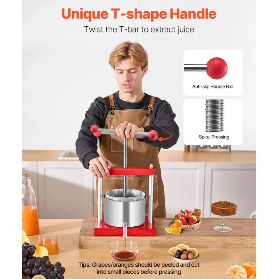 VEVOR 0.8 Gal/3L Fruit Wine Press, 2 Stainless Steel Barrels, Manual Juice Maker, Cider Apple Grape Tincture Honey Olive Oil Making Press with T-Handle for Outdoor Kitchen Home