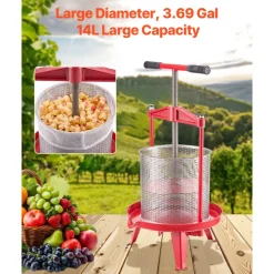 VEVOR 3.69 Gal/14L Fruit Wine Press, Stainless Steel Basket with Cross-beam and Triangular Structure, Manual Juice Maker, Cider Apple Grape Tincture Making Press with T-Handle for Kitchen Home