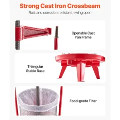 VEVOR 3.69 Gal/14L Fruit Wine Press, Stainless Steel Basket with Cross-beam and Triangular Structure, Manual Juice Maker, Cider Apple Grape Tincture Making Press with T-Handle for Kitchen Home