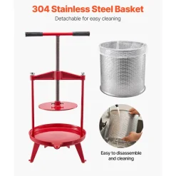 VEVOR 3.69 Gal/14L Fruit Wine Press, Stainless Steel Basket with Cross-beam and Triangular Structure, Manual Juice Maker, Cider Apple Grape Tincture Making Press with T-Handle for Kitchen Home
