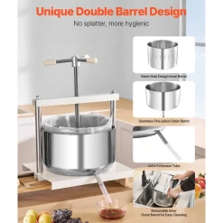 VEVOR 3.17 Gal/12L Fruit Wine Press, 2 Stainless Steel Barrels, Manual Juice Maker, Cider Apple Grape Tincture Honey Olive Oil Making Press with Triangular Handle for Outdoor Kitchen Home