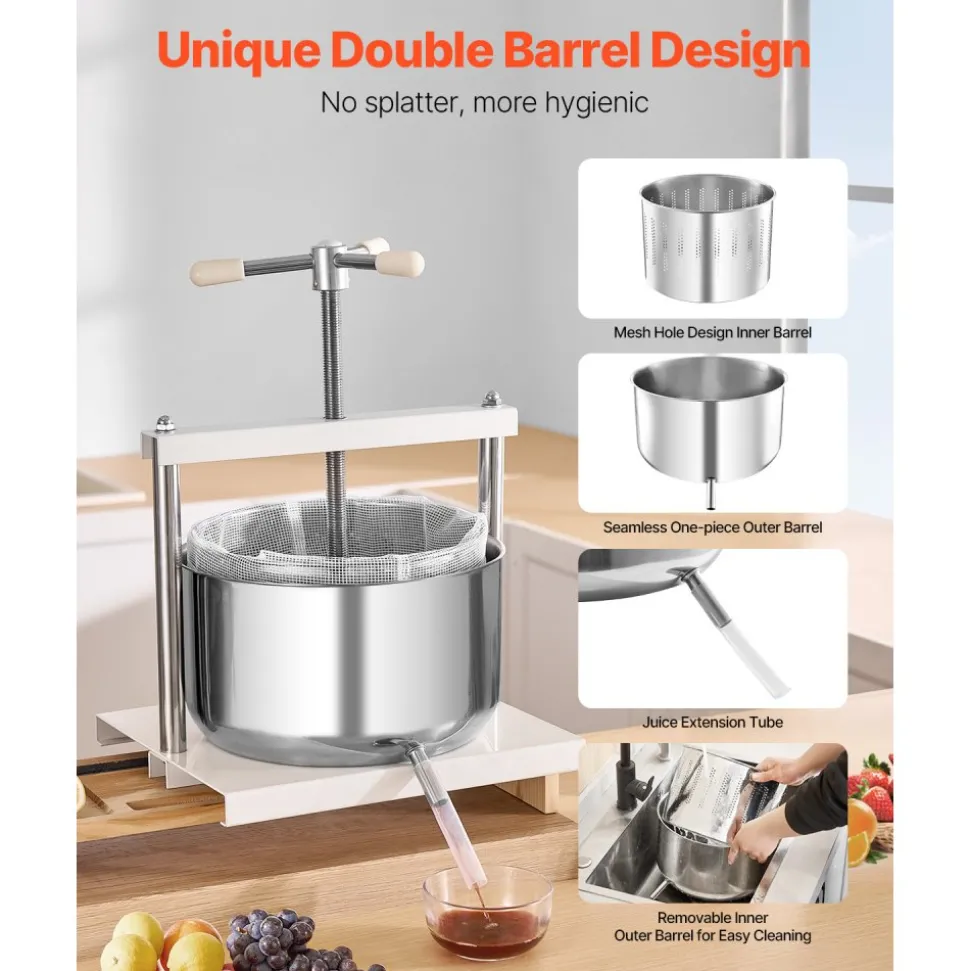 VEVOR 3.17 Gal/12L Fruit Wine Press, 2 Stainless Steel Barrels, Manual Juice Maker, Cider Apple Grape Tincture Honey Olive Oil Making Press with Triangular Handle for Outdoor Kitchen Home