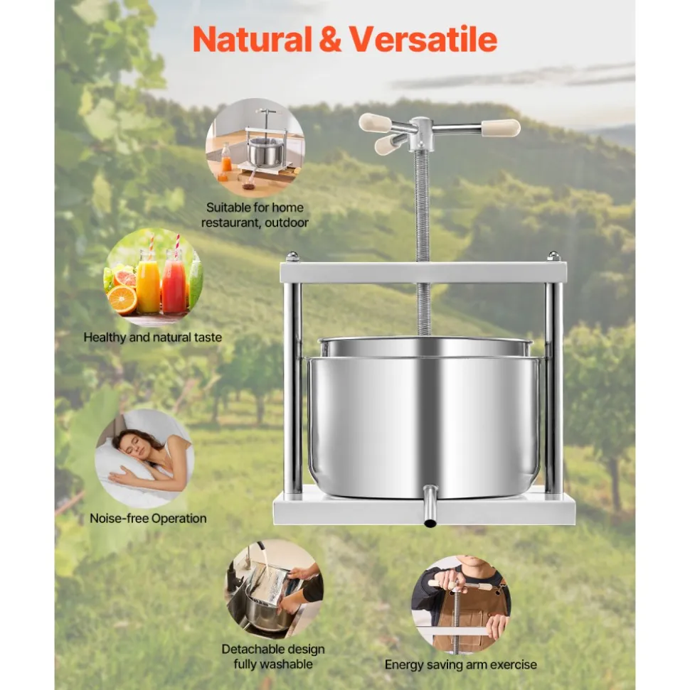 VEVOR 3.17 Gal/12L Fruit Wine Press, 2 Stainless Steel Barrels, Manual Juice Maker, Cider Apple Grape Tincture Honey Olive Oil Making Press with Triangular Handle for Outdoor Kitchen Home