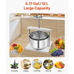 VEVOR 3.17 Gal/12L Fruit Wine Press, 2 Stainless Steel Barrels, Manual Juice Maker, Cider Apple Grape Tincture Honey Olive Oil Making Press with Triangular Handle for Outdoor Kitchen Home