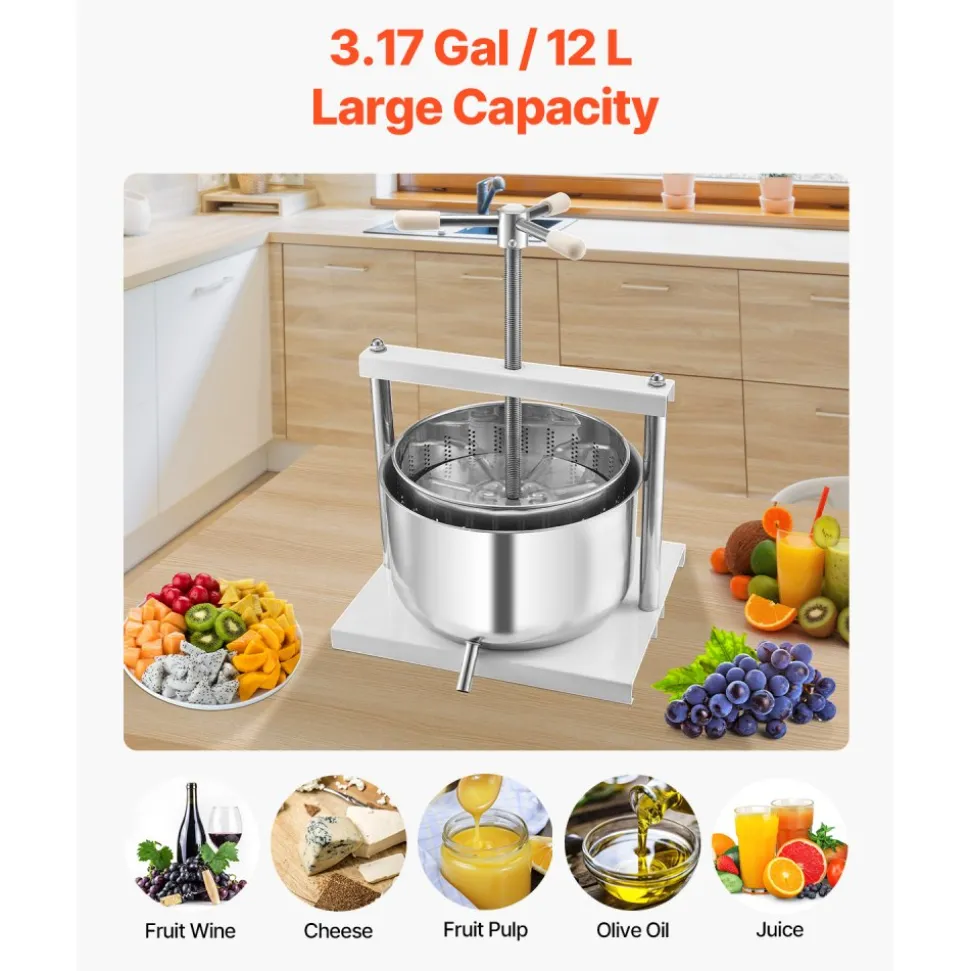 VEVOR 3.17 Gal/12L Fruit Wine Press, 2 Stainless Steel Barrels, Manual Juice Maker, Cider Apple Grape Tincture Honey Olive Oil Making Press with Triangular Handle for Outdoor Kitchen Home