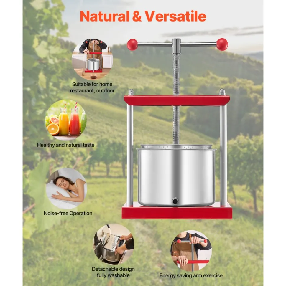 VEVOR 1.6 Gal/6L Fruit Wine Press, 2 Stainless Steel Barrels, Manual Juice Maker, Cider Apple Grape Tincture Honey Olive Oil Making Press with T-Handle for Outdoor Kitchen Home