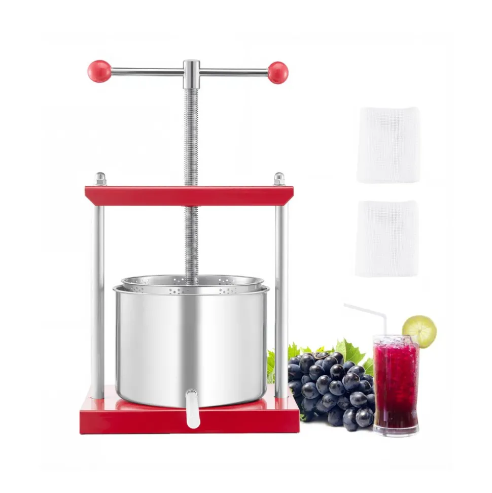 VEVOR 1.6 Gal/6L Fruit Wine Press, 2 Stainless Steel Barrels, Manual Juice Maker, Cider Apple Grape Tincture Honey Olive Oil Making Press with T-Handle for Outdoor Kitchen Home