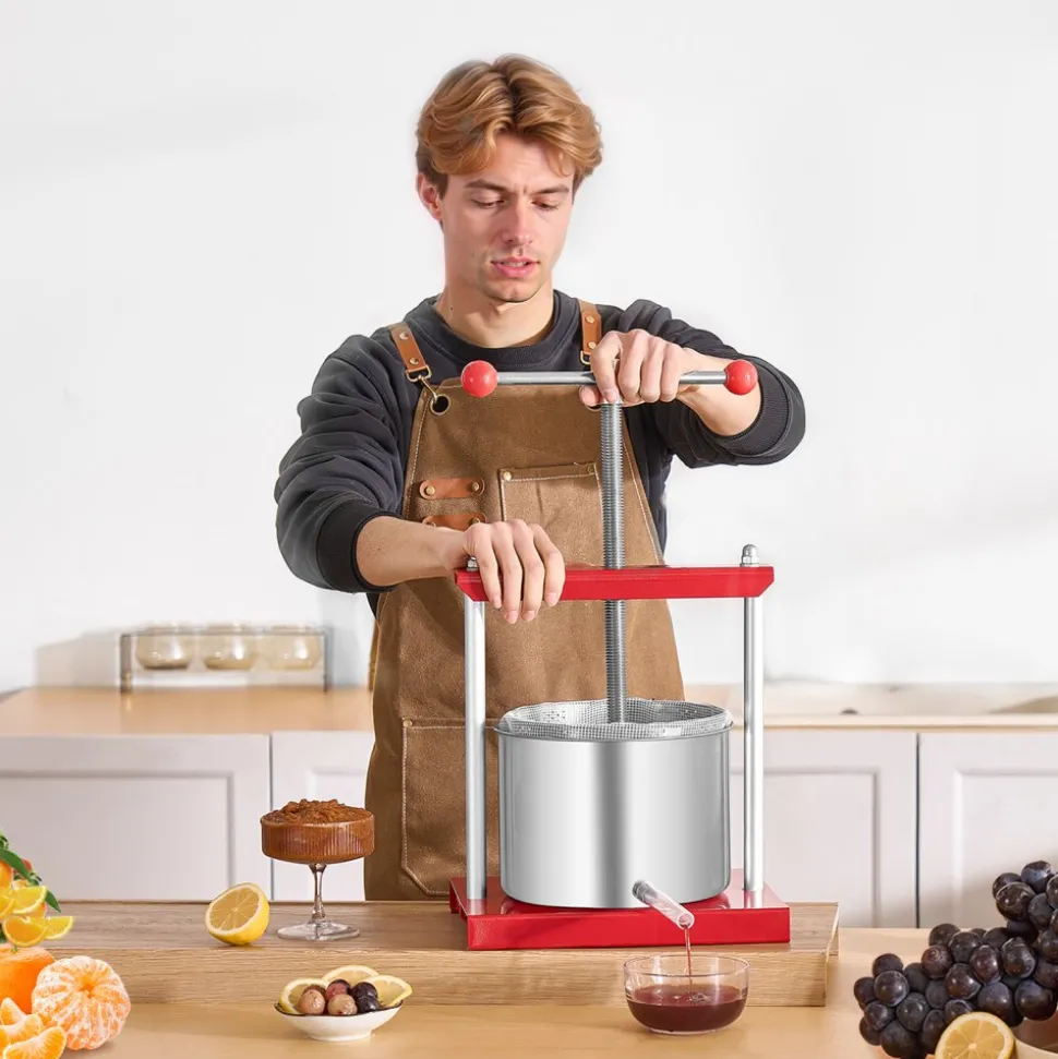 VEVOR 1.6 Gal/6L Fruit Wine Press, 2 Stainless Steel Barrels, Manual Juice Maker, Cider Apple Grape Tincture Honey Olive Oil Making Press with T-Handle for Outdoor Kitchen Home