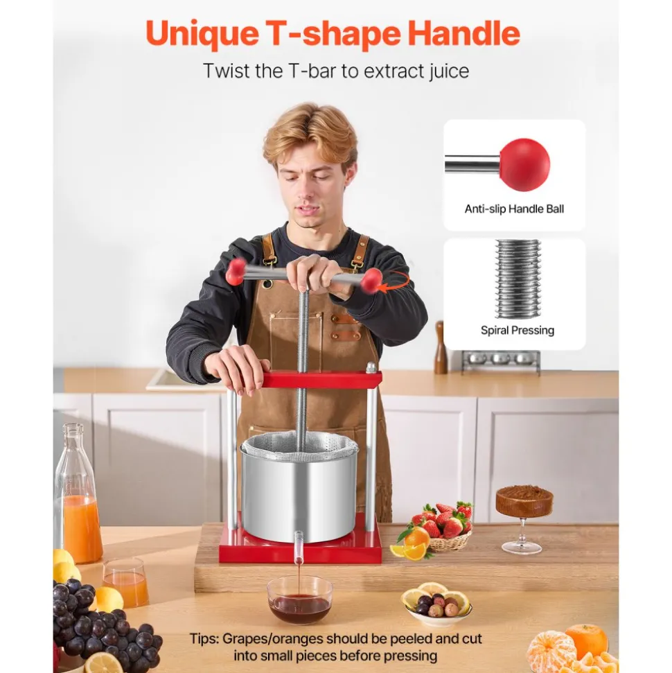 VEVOR 1.6 Gal/6L Fruit Wine Press, 2 Stainless Steel Barrels, Manual Juice Maker, Cider Apple Grape Tincture Honey Olive Oil Making Press with T-Handle for Outdoor Kitchen Home