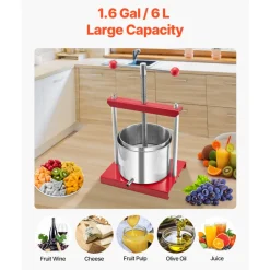 VEVOR 1.6 Gal/6L Fruit Wine Press, 2 Stainless Steel Barrels, Manual Juice Maker, Cider Apple Grape Tincture Honey Olive Oil Making Press with T-Handle for Outdoor Kitchen Home